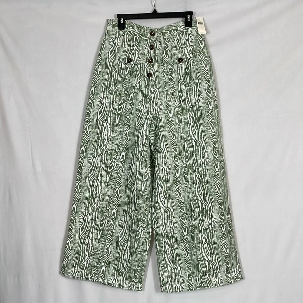 Anthropologie Pants NWT Size L Wide Leg Trouser Green Ivory Print - Picture 1 of 15